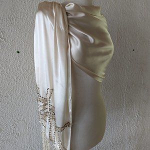 Cream silk satin Sue Wong evening scarf/wrap with embroidery, beading, fringe